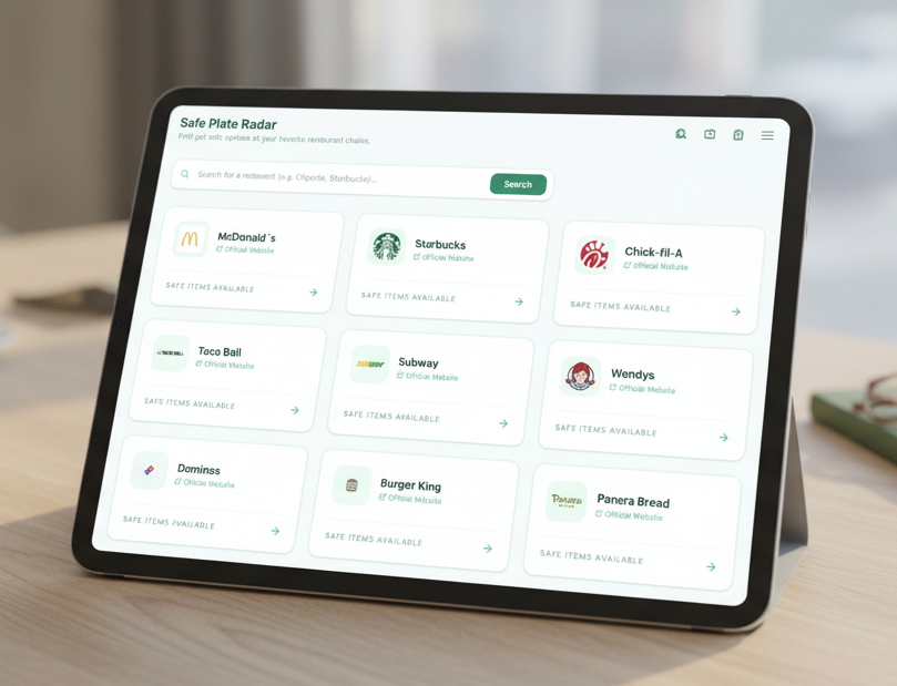 Safe Plate Radar showing restaurant menu items with traffic light safety indicators
